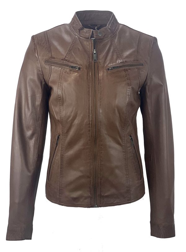 LEREN KORT COGNAC BIKER DAMES JAS – SALENA bestellen - BK Leder