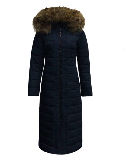 Lange dames winterjas met bontkraag blauw- Moskow