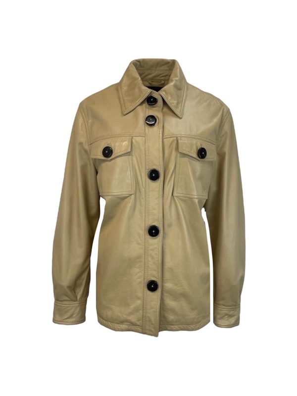 Dames Beige Echte Leren Blouse Met Zwarte Knopen - Raissa