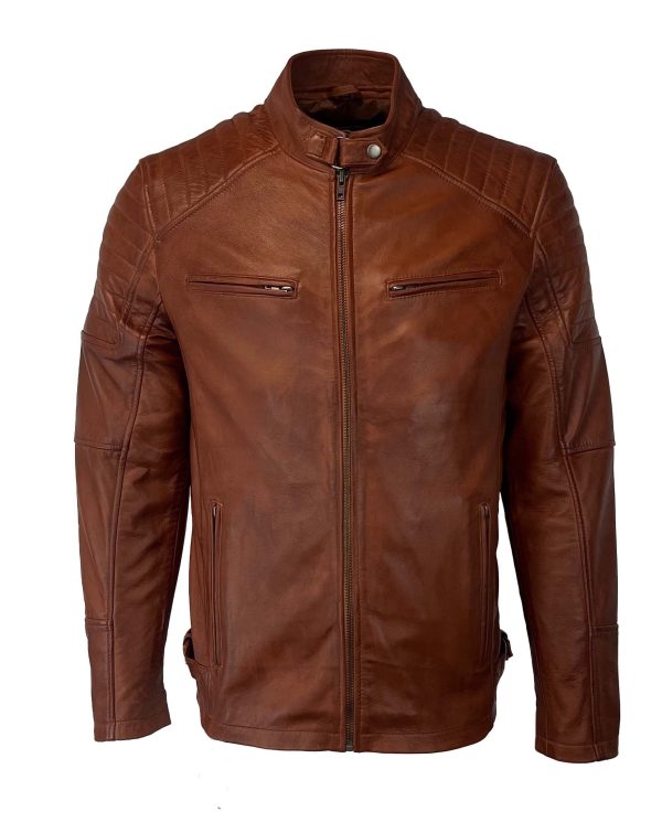 BROWN LEATHER BIKER JACKET- Urbano