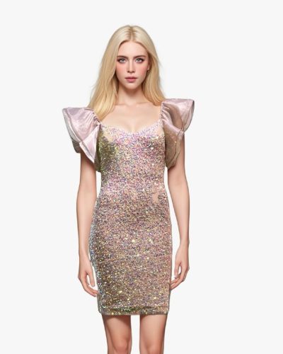 Roze Korte Glitter Galajurk Met Pofmouwen - Soma