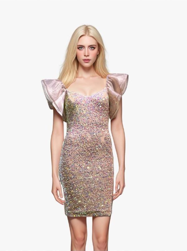 Roze Korte Glitter Galajurk Met Pofmouwen - Soma