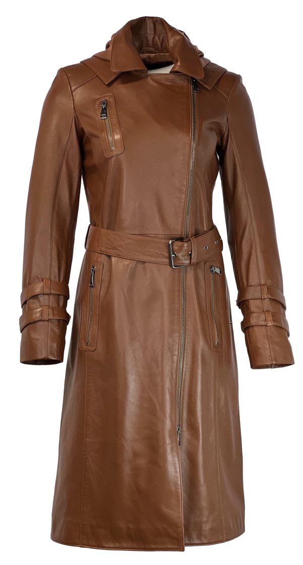 Bruine lange leren jas dames -Morena - Afbeelding 4