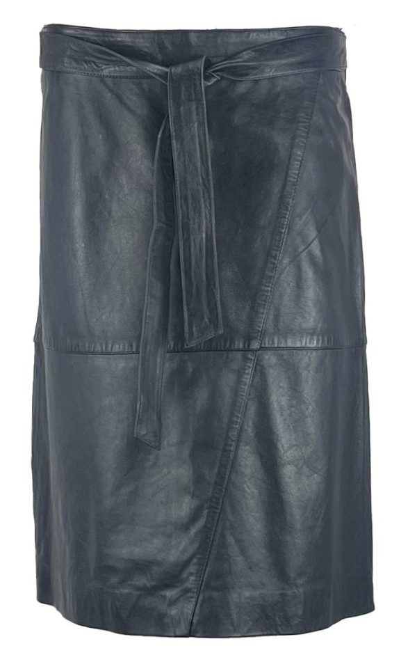 Knielange leren rok met taille riem marineblauw-Elle - Afbeelding 2