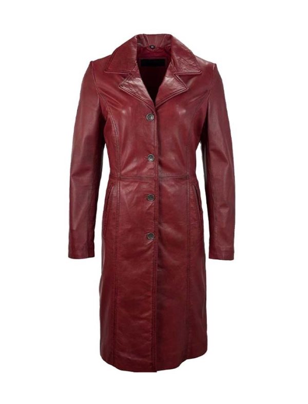 Dames lange rood parka leren jas -Mona