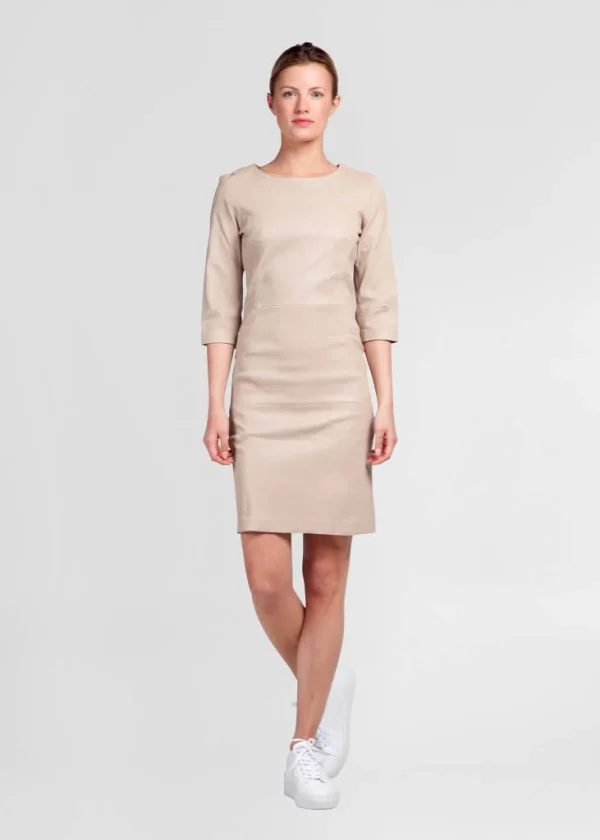 Dames echt leren beige jurk met driekwart mouwen - Avan