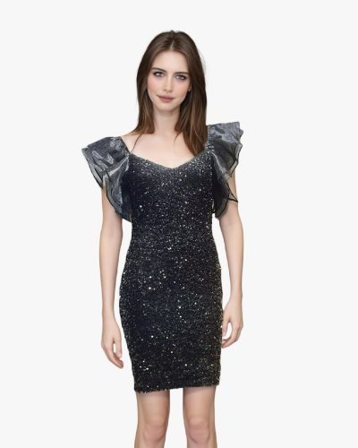 Zwarte korte glitter galajurk met pofmouwen -Soma