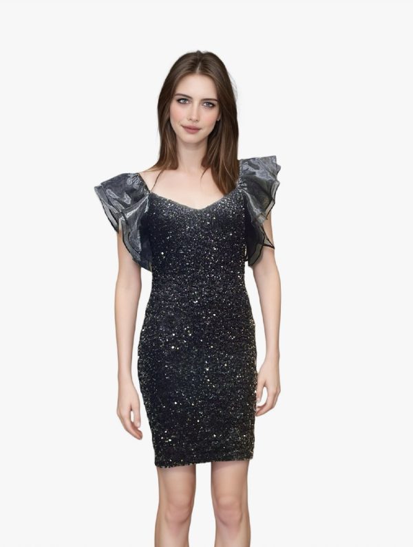 Zwarte korte glitter galajurk met pofmouwen -Soma