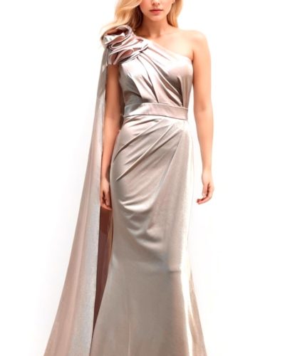 One-shoulder beige Galajurk met sleep en bloemdetail – Carmila - bestel bij BK Leder One-shoulder beige Galajurk met sleep en bloemdetail - Carmila