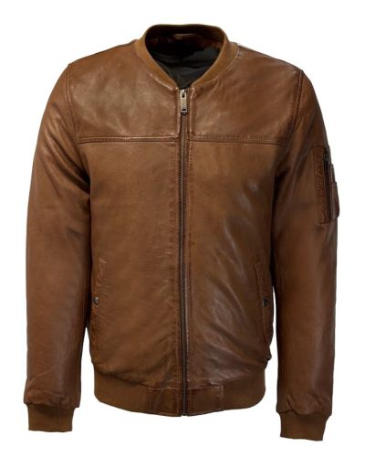 BOMBER LEREN HEREN JAS COGNAC- BASEBALL JACKET-Iglo