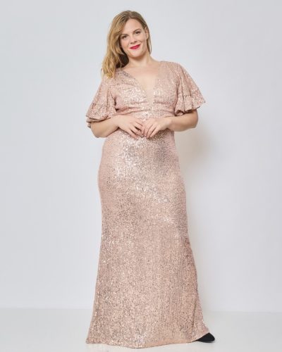 Roze glitter galajurk met V-hals en vlindermouwen in grote maten- Jilan QS - bestel bij BK Leder Roze glitter galajurk met V-hals en vlindermouwen in grote maten- Jilan QS