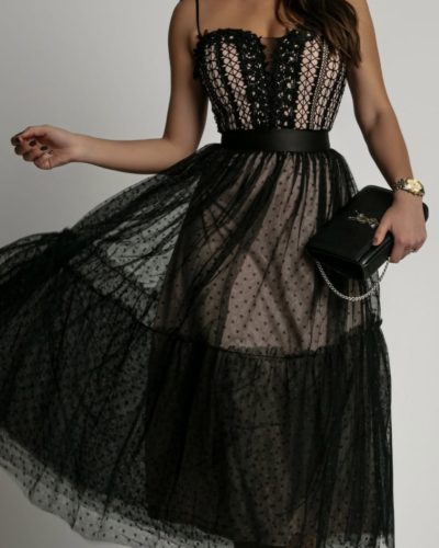 Zwarte kanten  galajurk met stippen en corset top -Taleah