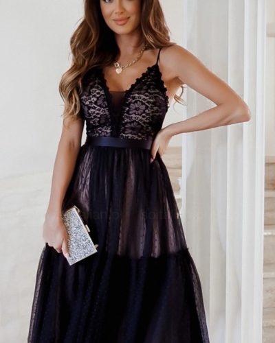 Zwarte galajurk met kanten bloemenprint - Ivy