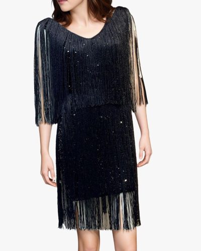 Zwarte korte galajurk met franjes -Delara - bestel bij BK Leder Zwarte korte galajurk met franjes -Delara