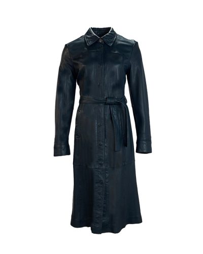 Lange leren dames jas blauw- Nora