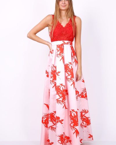 Witte galajurk met rode bloemenprint en open rug – Ravena - bestel bij BK Leder Witte galajurk met rode bloemenprint en open rug - Ravena