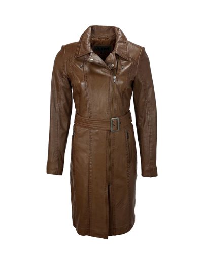 Lange leren dames jas met riem bruin – Lavish - bestel bij BK Leder Lange leren dames jas met riem bruin - Lavish